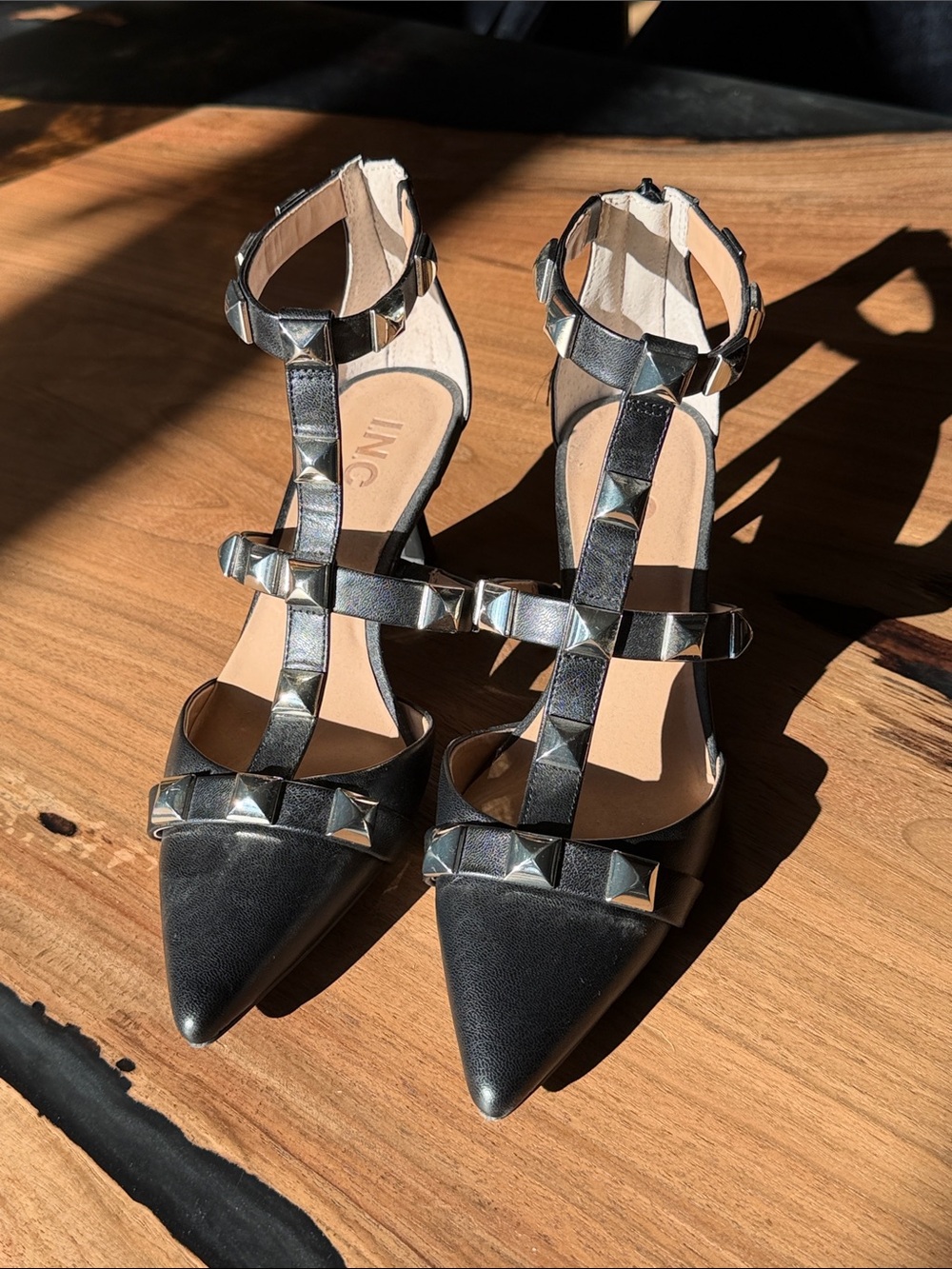 INC International Concepts Black Studded T-Strap Pointed Heels